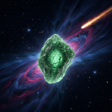 Load image into Gallery viewer, Glowing green Moldavite crystal floating in deep space with nebulae and stars