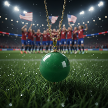 Load image into Gallery viewer, Green jade sphere pendant on pitch with stadium lights and Team USA celebrating in background – Healing Emerald
