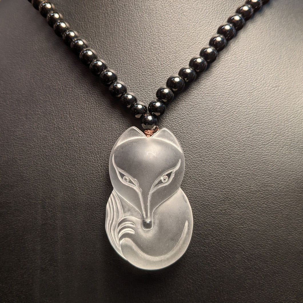 Quartz FOX medallion pendant - clear quartz fox/ American Onyx necklace